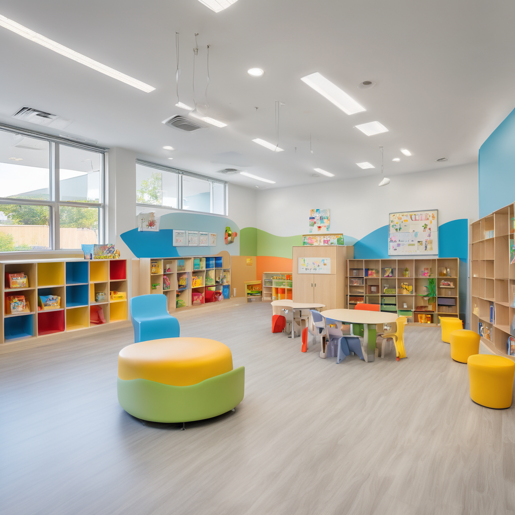 Clean, modern daycare facility reception area with educational materials visible
