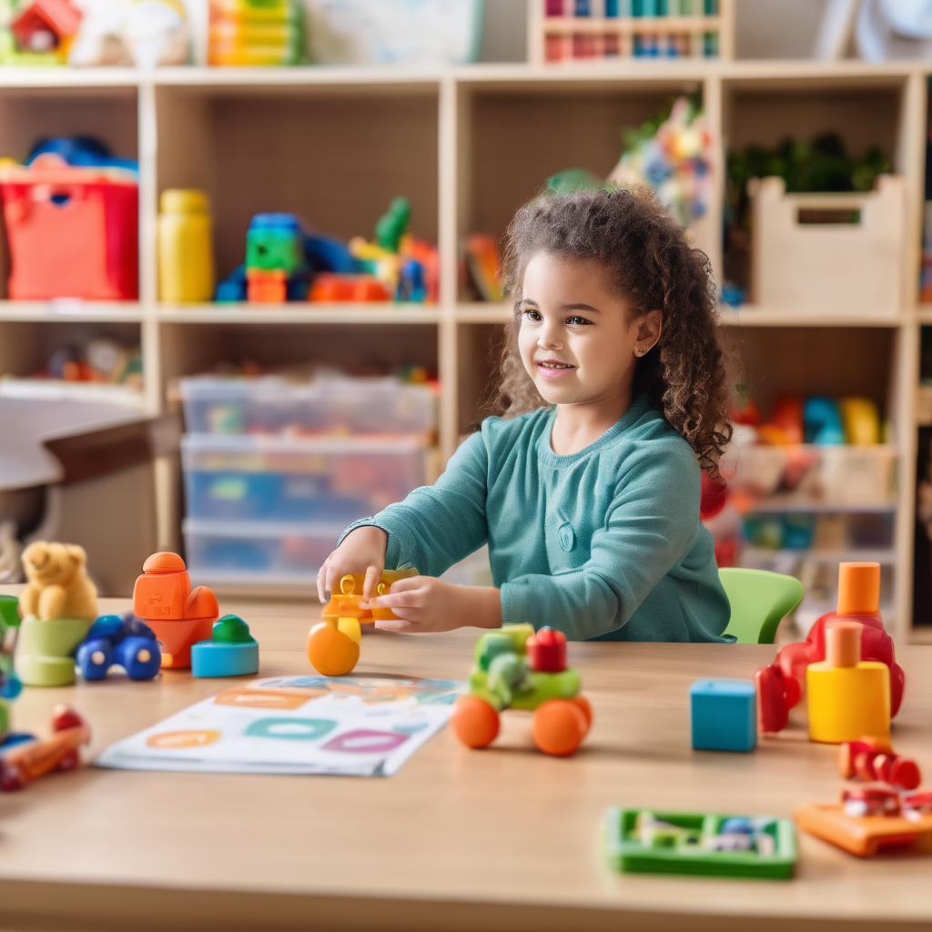 Professional early childhood educator in organized, warm classroom setting with learning materials