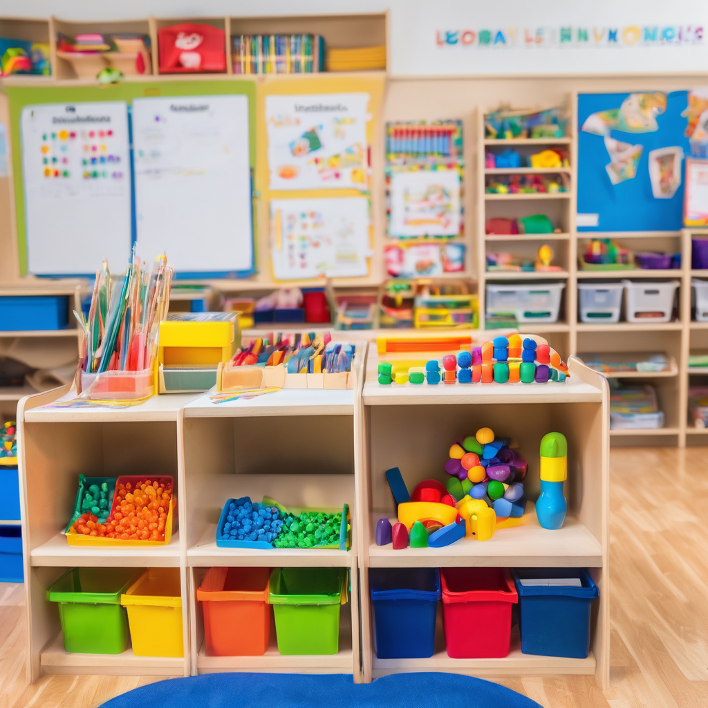 Organized learning station with colorful educational materials for early childhood development