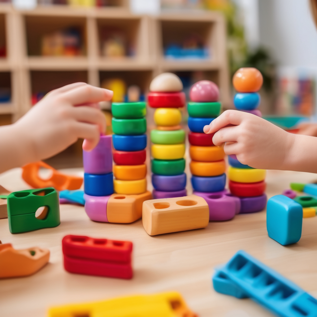 Close-up of hands engaged with educational toys and colorful learning materials at daycare