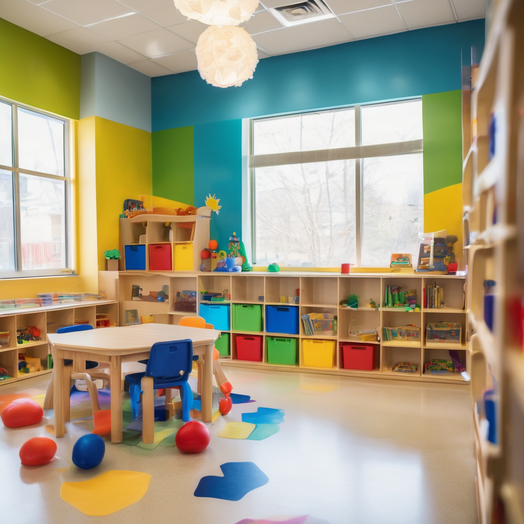 Welcoming preschool classroom with vibrant learning centers and safe modern environment