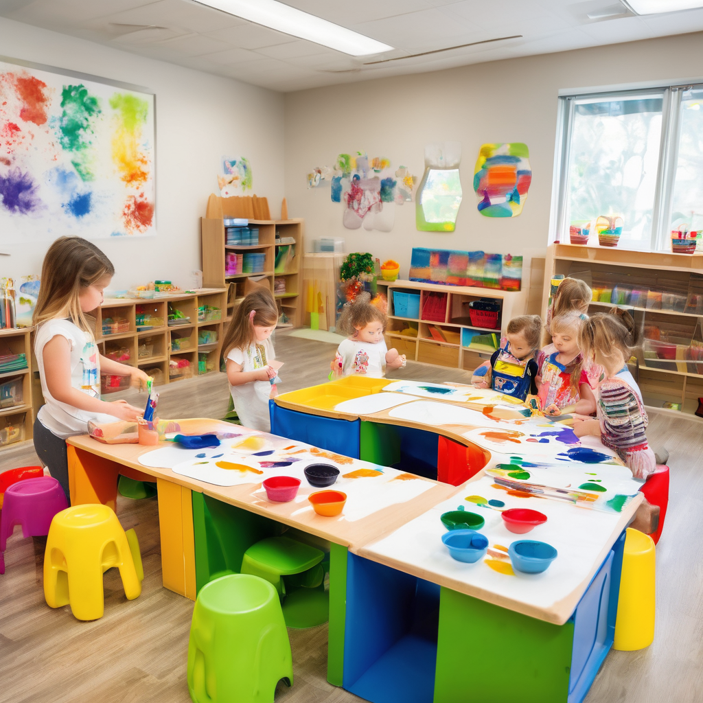 Colorful early education classroom with creative art activities and learning centers