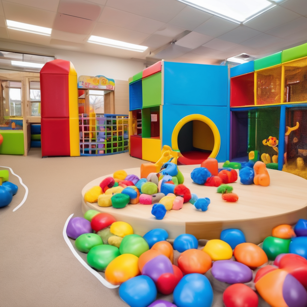 Safe outdoor play area at childcare with soft equipment and engaging play materials